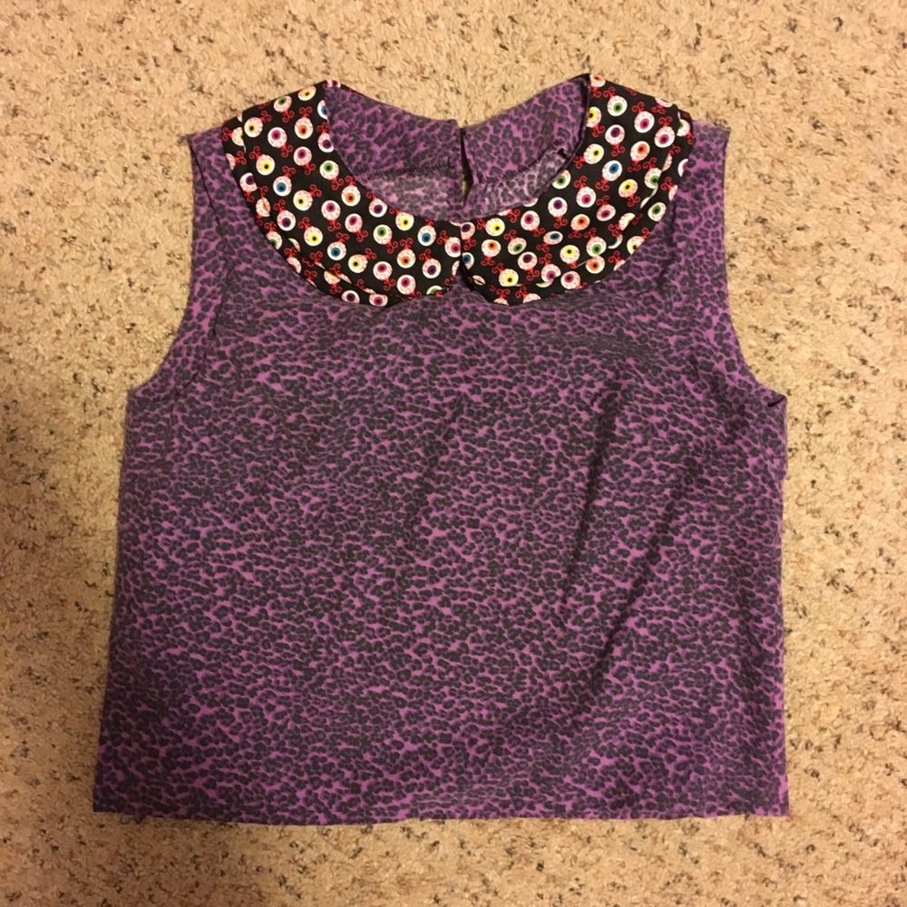One of a kind handmade reused NWOT leopard print eyeball collar sleeveless top